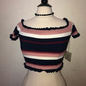 Active USA striped crop top off the shoulder.